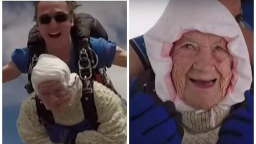 Картинка: (Видео) 102-летняя бабушка прыгает с парашютом, чтобы собрать деньги на борьбу с болезнью, от которой умерла её дочь